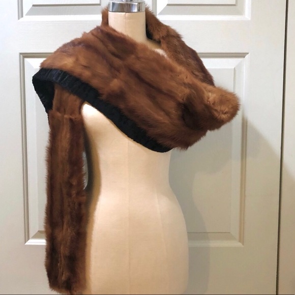 Vintage ‘40s Mink Velvet Trim Silk Lined Scarf Wrap Size 8 X 77 - Picture 2 of 13